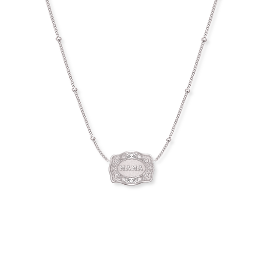 Mama ultra mini silver belt buckle necklace with beaded chain - SpurWest western jewelry
