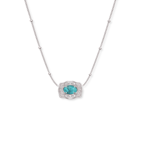 Oasis ultra mini silver belt buckle necklace with turquoise stone - SpurWest western jewelry