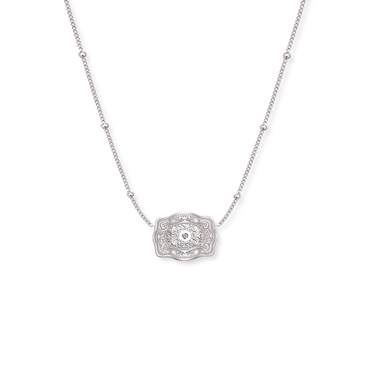 Amelia Rose ultra mini silver belt buckle necklace with beaded chain - SpurWest western jewelry