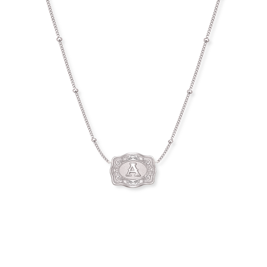 Ultra mini silver belt buckle necklace with initial A - SpurWest western jewelry