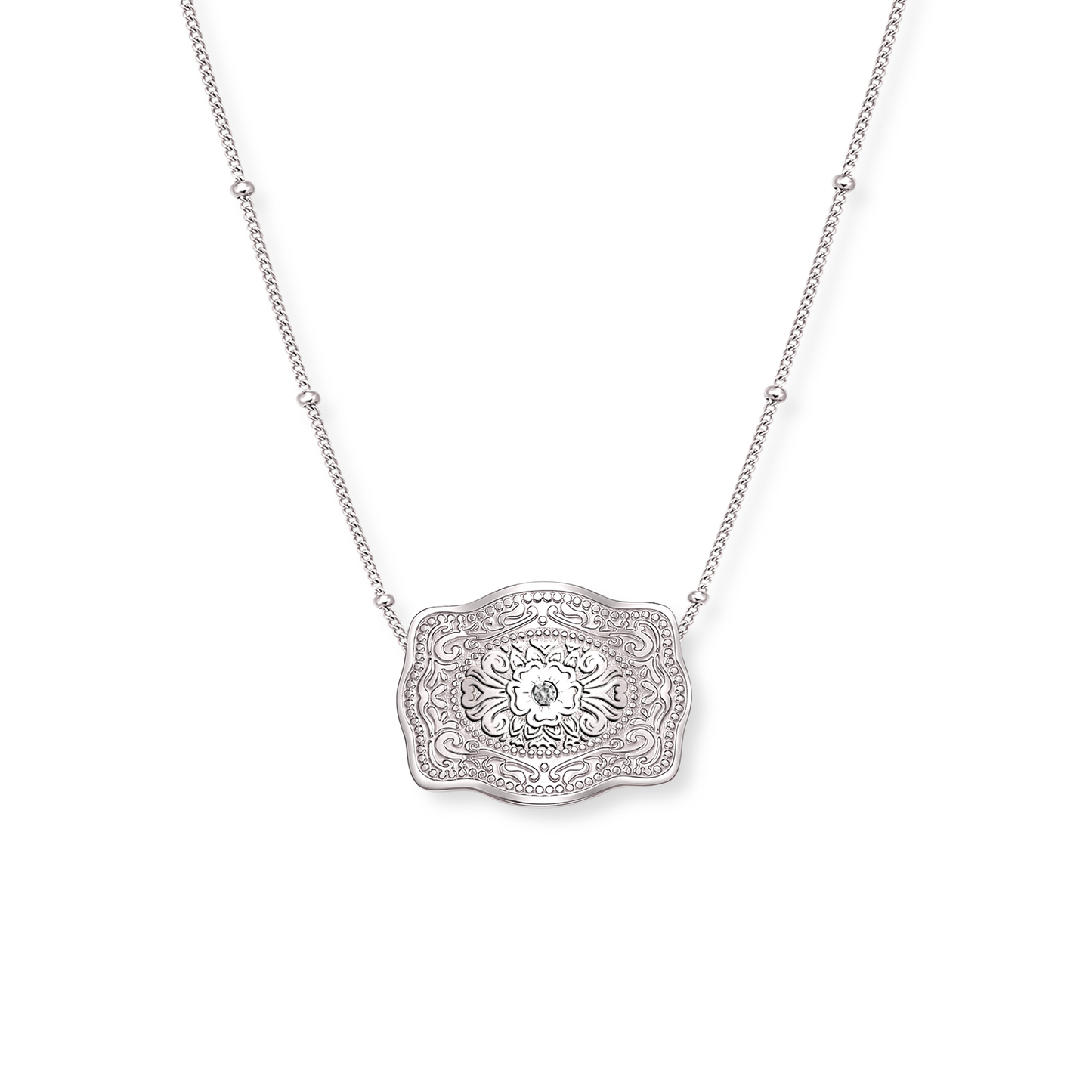 Amelia Rose mini silver belt buckle necklace with beaded chain - SpurWest western jewelry