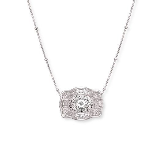 Amelia Rose mini silver belt buckle necklace with beaded chain - SpurWest western jewelry