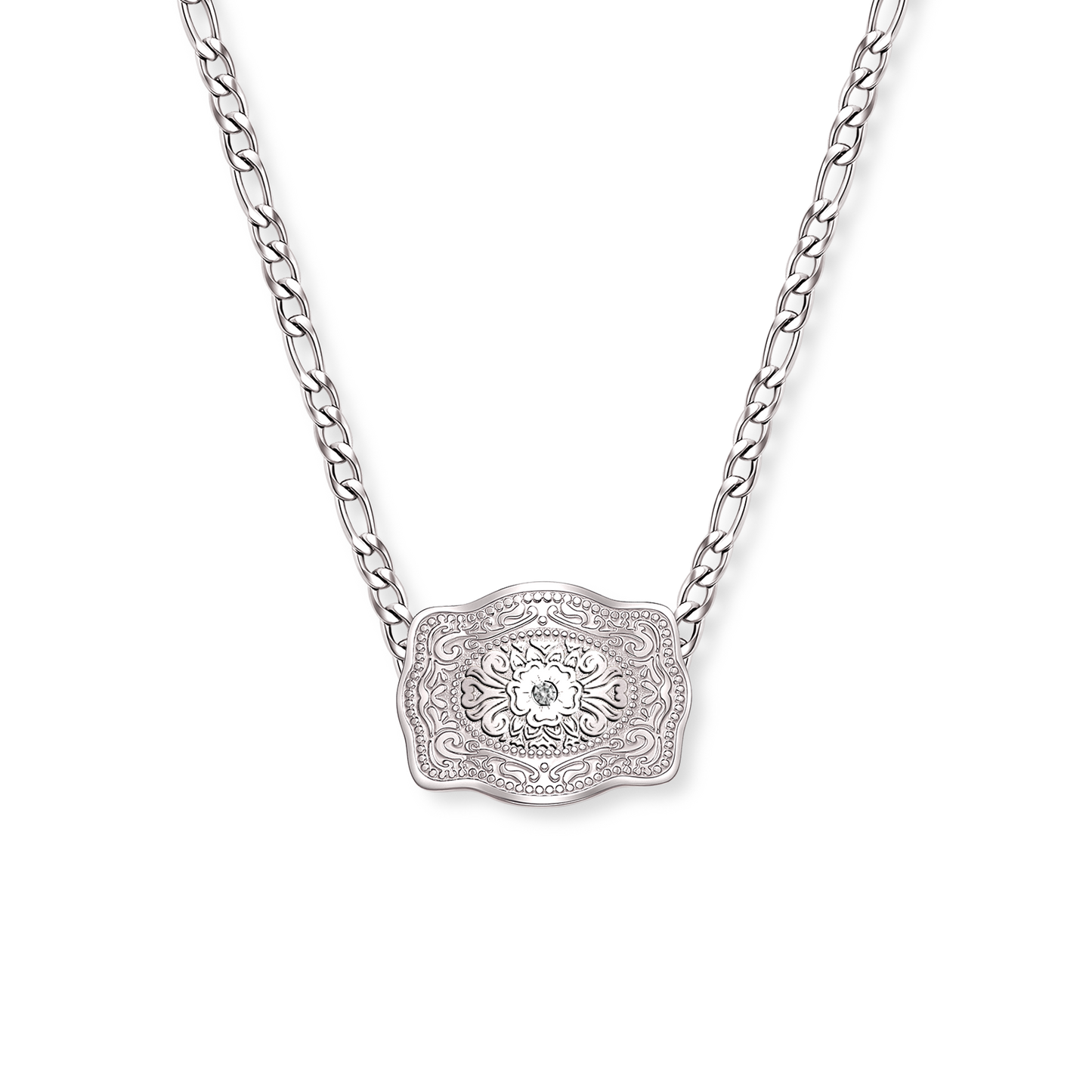 Amelia Rose mini silver belt buckle necklace with figaro chain - SpurWest western jewelry