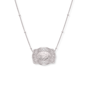 Lone Wolf mini silver belt buckle necklace with beaded chain - SpurWest western jewelry