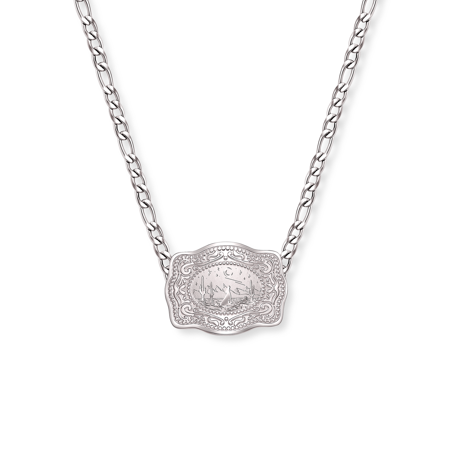 Lone Wolf mini silver belt buckle necklace with figaro chain - SpurWest western jewelry