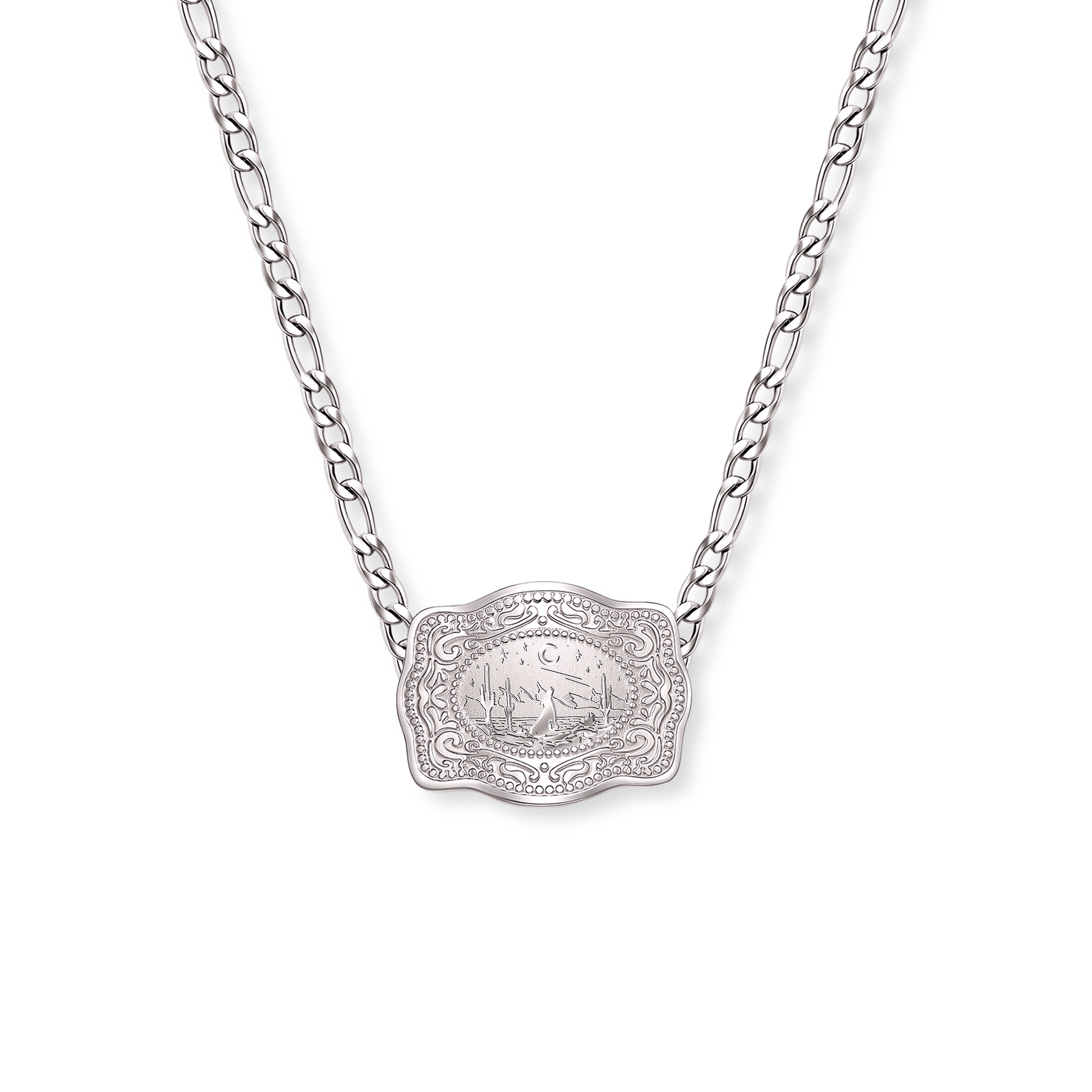 Lone Wolf mini silver belt buckle necklace with figaro chain - SpurWest western jewelry