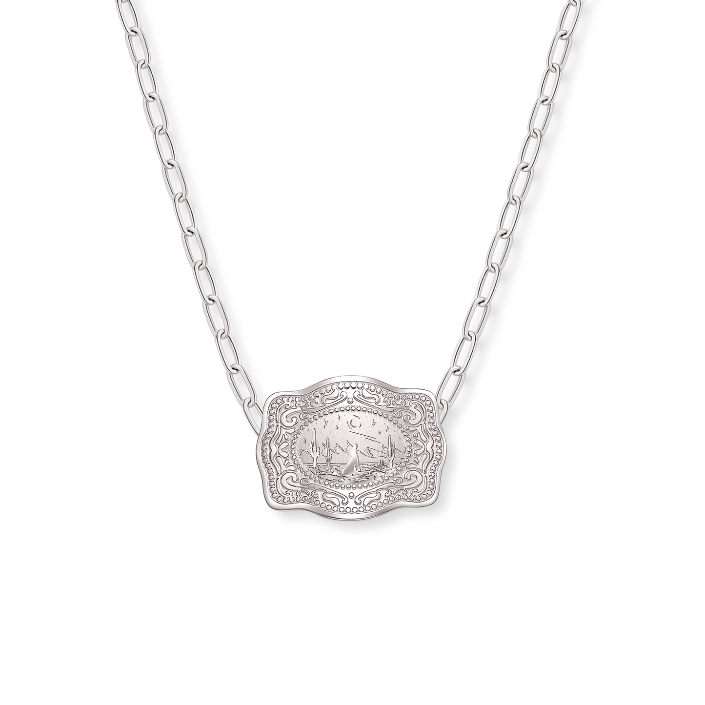 Lone Wolf mini silver belt buckle necklace with paperclip chain - SpurWest western jewelry