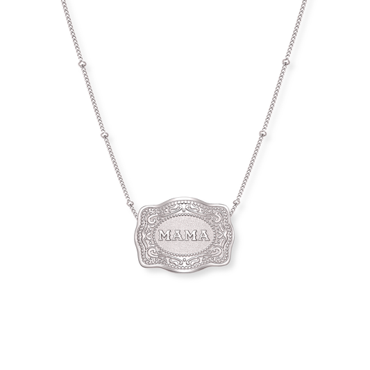 Mama mini silver belt buckle necklace with beaded chain - SpurWest western jewelry