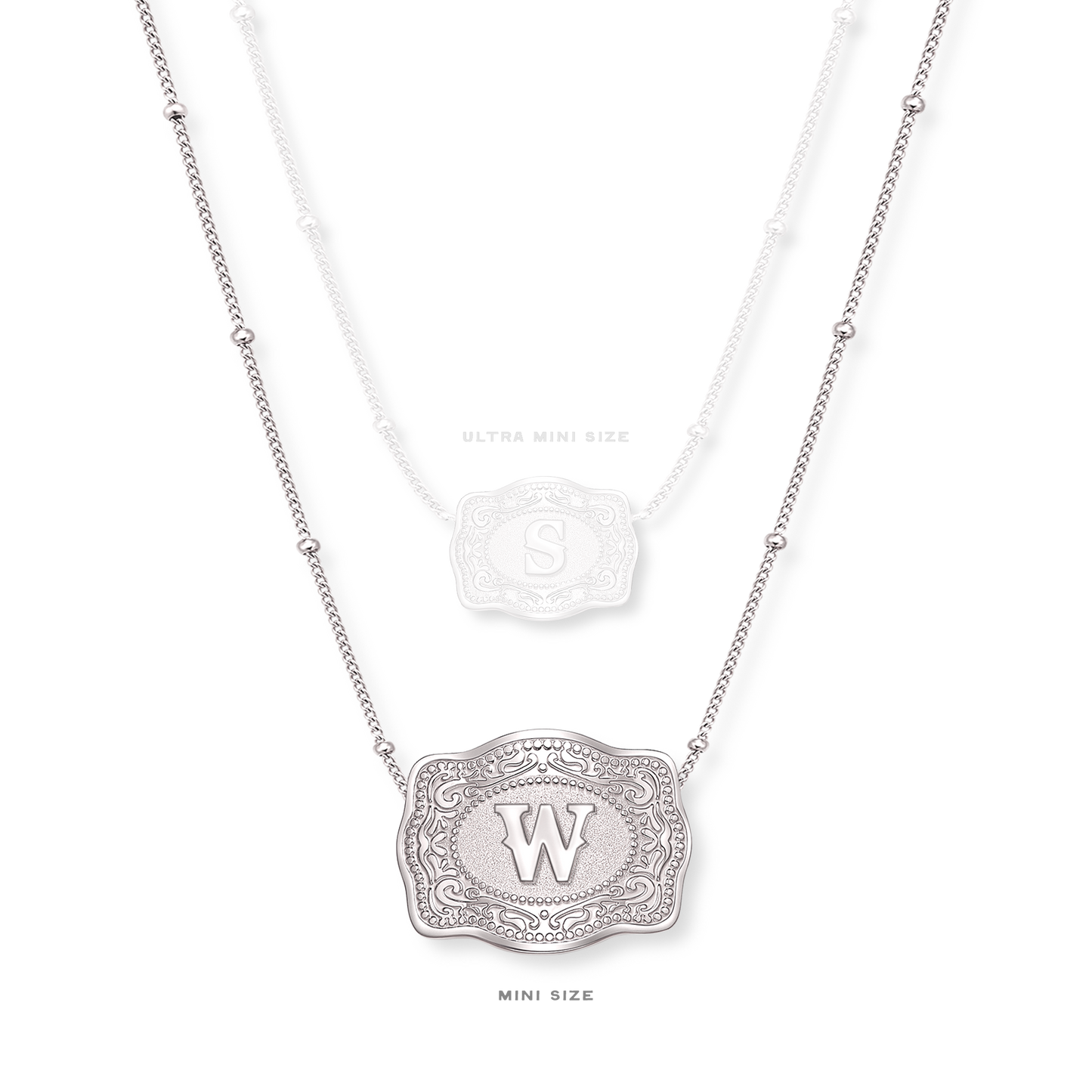 Size comparison of mini vs ultra mini silver belt buckle necklaces - SpurWest western jewelry