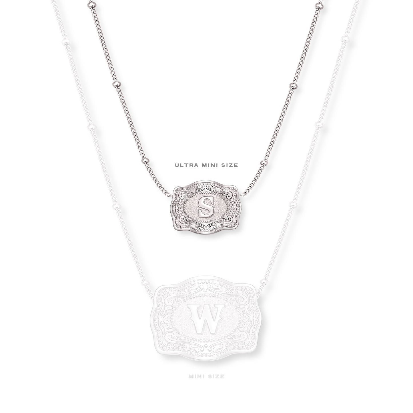 Size comparison of ultra mini vs mini silver belt buckle necklaces - SpurWest western jewelry