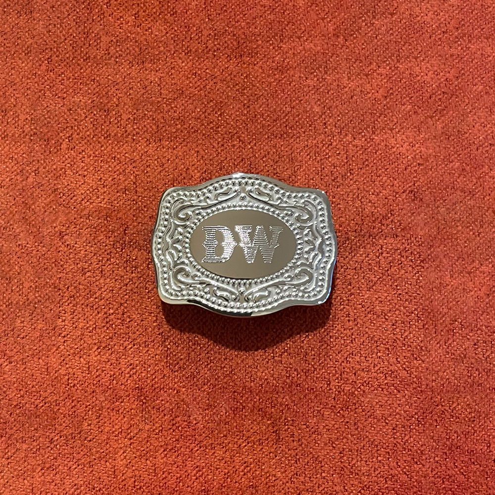 Engraving example on mini silver belt buckle necklace - SpurWest custom western jewelry